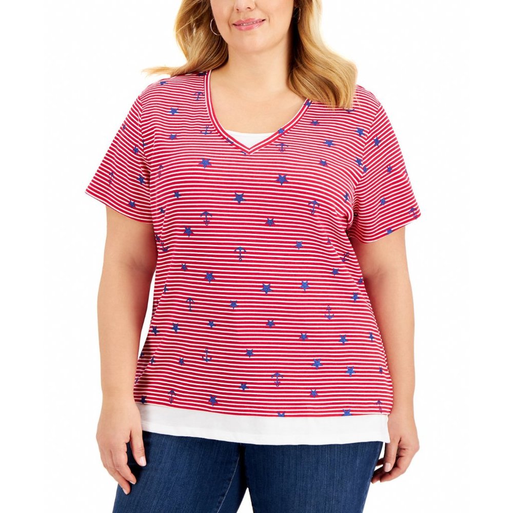 Karen Scott Top Women Plus Red Striped V-Neck Layered Look Knit T-Shirt 2X